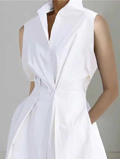 Women's Shirt Dress Cotton Linen Dress Wrap Dress Maxi long Dress Cotton Blend Fashion Elegant Outdoor Office Business Shirt Collar Button Pocket Sleeveless Summer Spring 2023 Loose Fit White Plain S - LuckyFash™