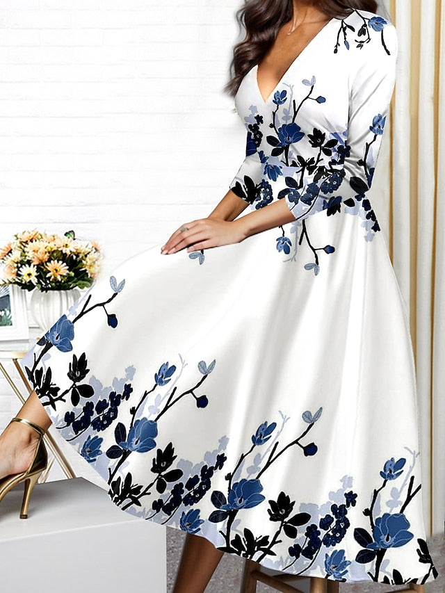 Women's Winter Dress A Line Dress Floral Print V Neck Midi Dress Daily Vacation 3/4 Length Sleeve Fall Winter