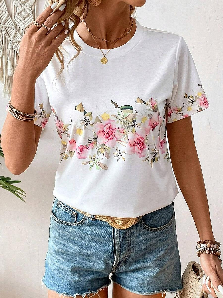 Women's T shirt Tee Floral Daily Weekend White Short Sleeve Elegant Fashion Crew Neck Summer