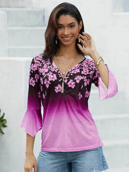 Women's Shirt Blouse Floral Color Gradient Holiday Button Print Pink 3/4 Length Sleeve Basic Neon & Bright Round Neck