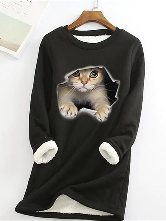 Women's Sweatshirt Pullover Sherpa Fleece Teddy Denim Blue Black White Cat Street Round Neck Plus Size Long Sleeve - LuckyFash™