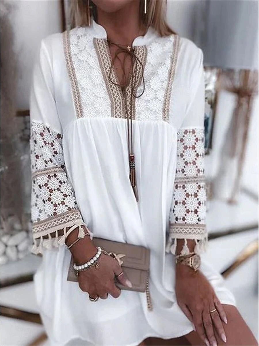 Women's White Dress Lace Dress Casual Dress Mini Dress Lace Ruffle Date Vacation Streetwear Basic Split Neck 3/4 Length Sleeve White Color