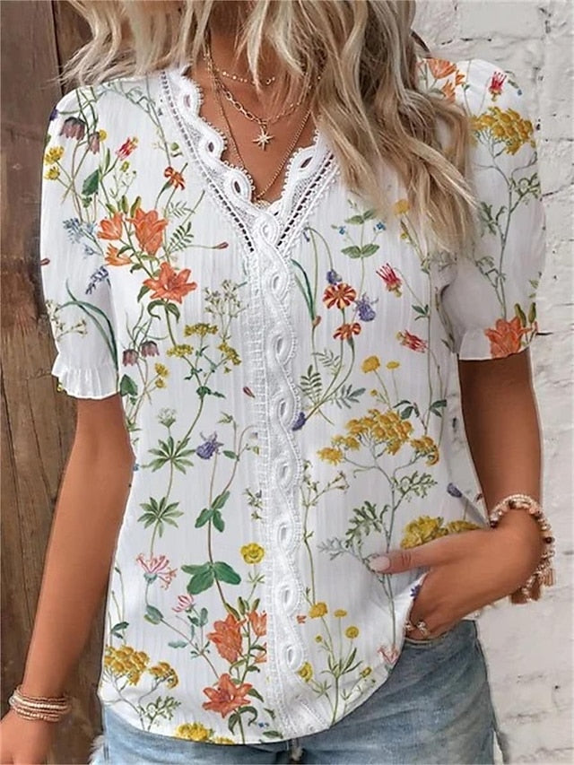 Women's Shirt Lace Shirt Blouse Floral Daily Lace Patchwork Print Navy Blue Short Sleeve Stylish Modern V Neck Summer Spring