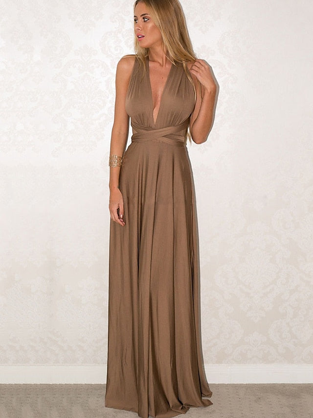 A-Line Bridesmaid Dress Halter / V Neck Sleeveless Convertible Floor Length Spandex with Sash / Ribbon / Pleats 2022 - LuckyFash™