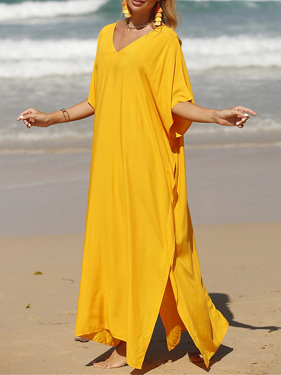 Women's White Dress Casual Dress Summer Dress Long Dress Maxi Dress Split Date Vacation Beach Maxi Basic V Neck Half Sleeve Black White Yellow Color