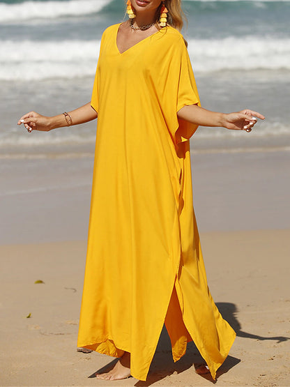 Women's White Dress Casual Dress Summer Dress Long Dress Maxi Dress Split Date Vacation Beach Maxi Basic V Neck Half Sleeve Black White Yellow Color