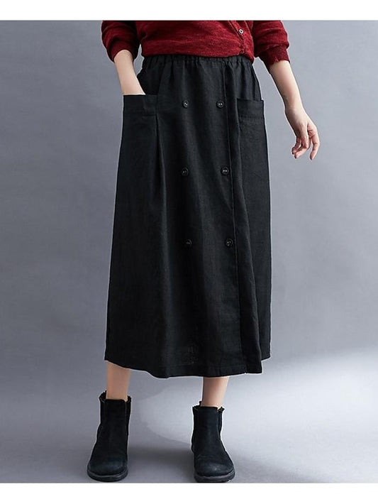 Women's Skirt A Line Long Skirt Linen Skirts Midi Skirts Pocket Split Ends Solid Colored Street Daily Spring & Summer Cotton Linen coastal grandma style Basic Casual Long Black Brown Green Apricot