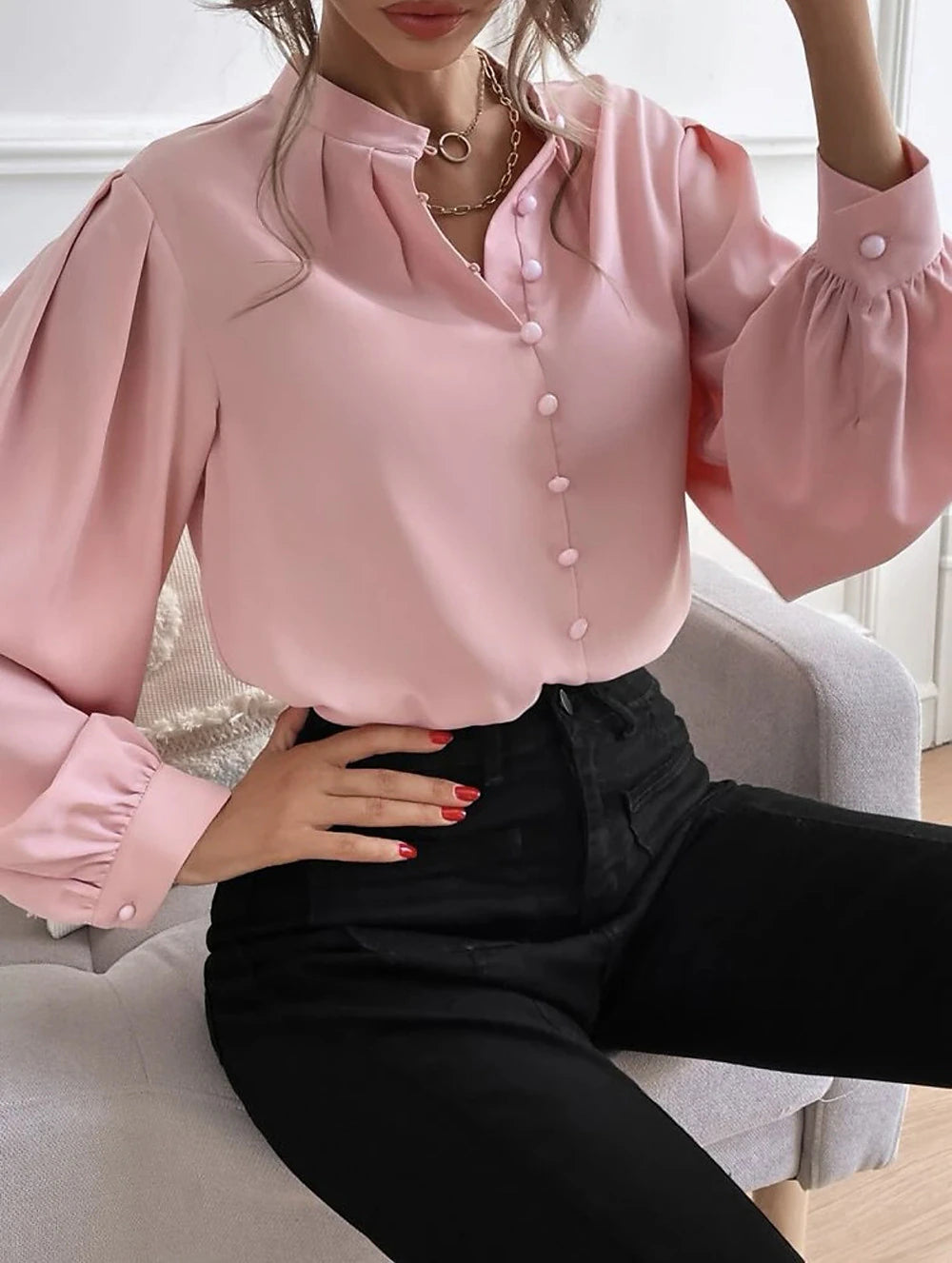 Women's Shirt Lantern Sleeve Blouse Plain Work Button Black Long Sleeve Daily Standing Collar Spring &  Fall