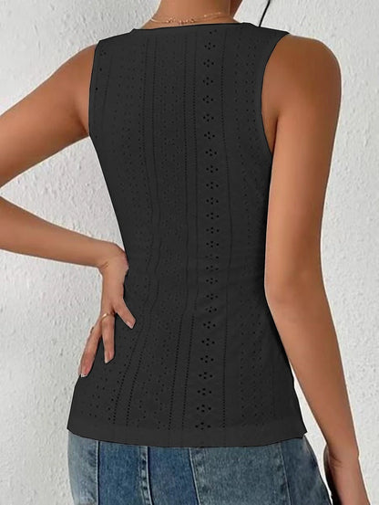 Women's Tank Top Eyelet top Plain Casual Button Sleeveless Black Sleeveless Basic V Neck