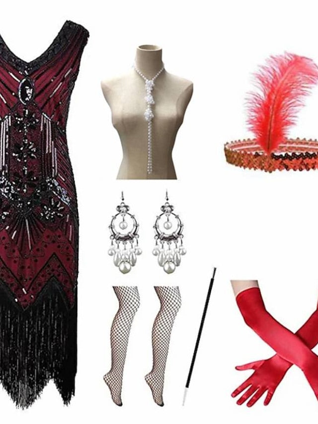 The Great Gatsby Charleston Plus Size Roaring 20s 1920s Cocktail Dress Vintage Dress Flapper Dress Prom Dress Prom Dresses Women's Feather Costume Vintage Cosplay 1 Necklace New Year - LuckyFash™