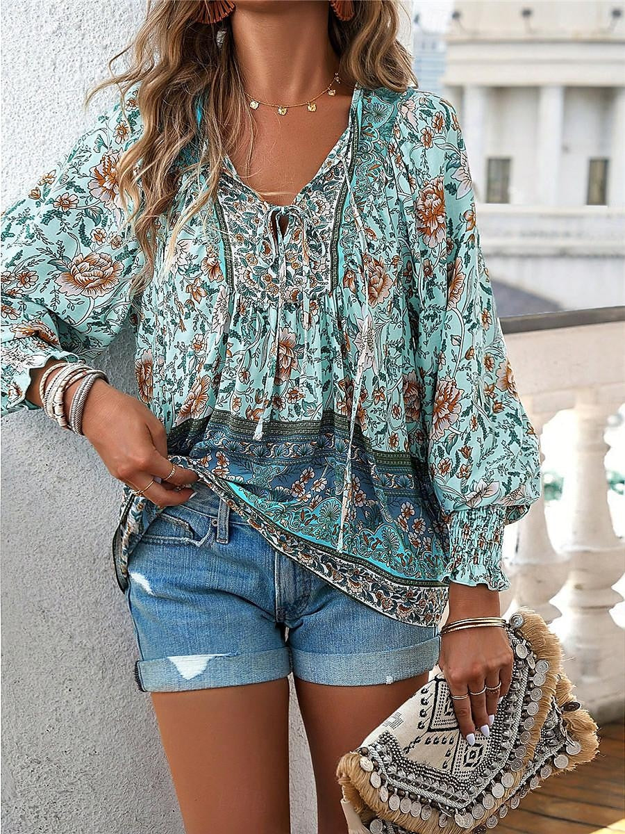 Women's Shirt Blouse Floral Vacation Beach Lace up Print Pink Long Sleeve Casual Boho V Neck Summer