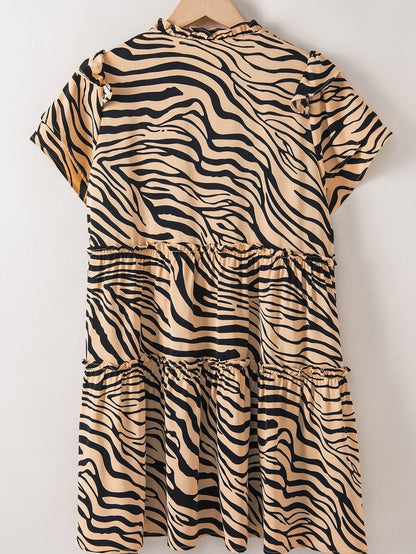 Zebra Print Tiered Ruffle Mini Dress in Brown