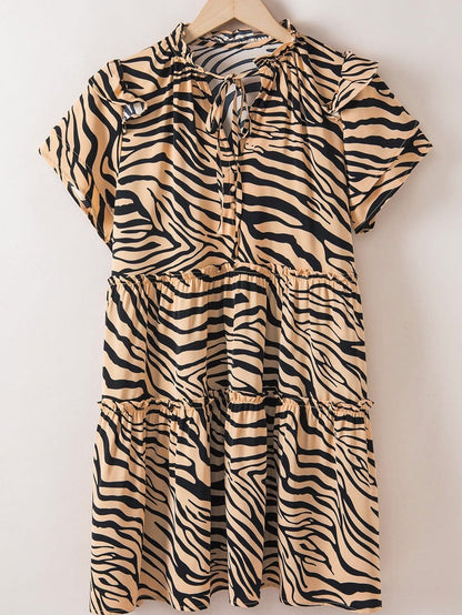 Zebra Print Tiered Ruffle Mini Dress in Brown