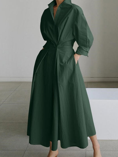 Women's Shirt Dress Casual Dress Swing Dress Maxi long Dress Outdoor Office Holiday Polyester Basic Modern Shirt Collar Ruched Pocket Long Sleeve Summer Spring Fall 2023 Regular Fit Black Army Green - LuckyFash™