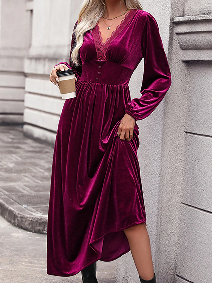 Women's Velvet Dress Casual Dress Winter Dress Long Dress Maxi Dress Lace Ruched Daily Date Elegant Fashion V Neck Long Sleeve Wine Color