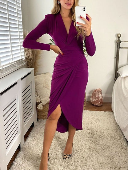 Women's Semi Formal Party Dress Shift Dress Midi Dress Black Wine Red Long Sleeve Pure Color Ruched Winter Fall Autumn V Neck Winter Dress Fall Dress 2023 S M L XL