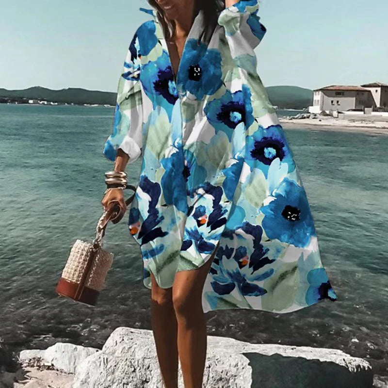 Women's Shirt Dress Casual Dress Swing Dress Midi Dress Daily Holiday Vacation Polyester Stylish Modern Shirt Collar High Low dress Print Long Sleeve Summer Spring 2022 Loose Fit Black Red Blue