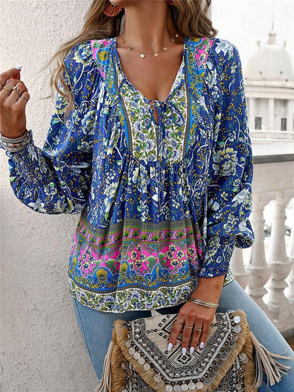 Women's Shirt Blouse Floral Vacation Beach Lace up Print Pink Long Sleeve Casual Boho V Neck Summer