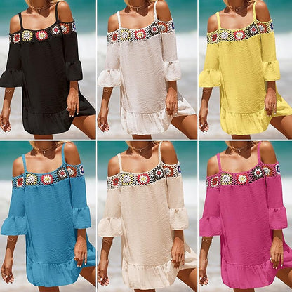 Women's Summer Dress Cover Up Ruffle Cut Out Beach Wear Holiday Long Sleeve Black White Yellow Color