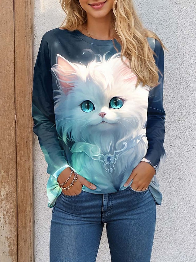 Women's T shirt Tee Cat 3D Daily Weekend Print Light Green Long Sleeve Fashion Funny Round Neck Spring &  Fall