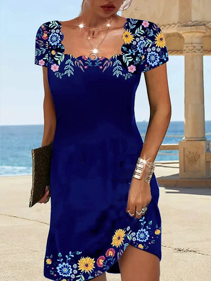 Women's Casual Dress Shift Dress Floral Ruched Print Square Neck Mini Dress Daily Vacation Short Sleeve Summer Spring