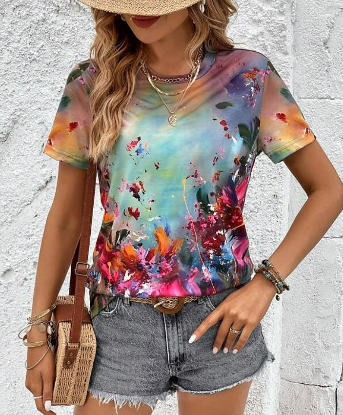 Women's T shirt Tee Floral Casual Holiday Print Black Short Sleeve Fashion Round Neck Summer