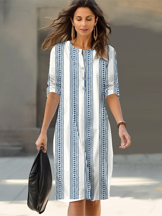 Women's White Dress Casual Dress Cotton Linen Dress Midi Dress Button Print Daily Vacation Crew Neck 3/4 Length Sleeve Summer Spring Fall White Royal Blue Geometric Striped