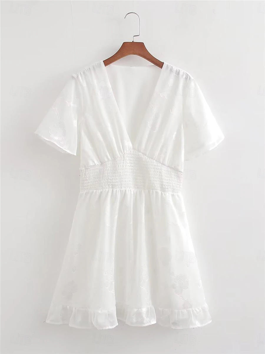 Women's White Dress Casual Dress A Line Dress Mini Dress Lace Ruffle Vacation Beach Streetwear Basic V Neck Short Sleeve White Color