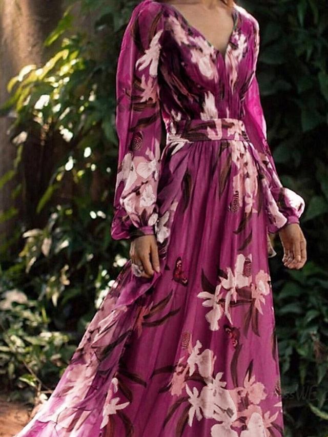 Women's Swing Dress Long Dress Maxi Dress Purple Long Sleeve Floral Print Winter Fall Autumn V Neck Winter Dress Fall Dress Loose Fit 2023 S M L XL XXL