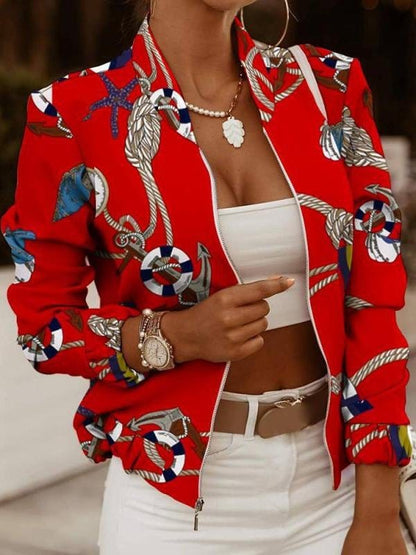 Zip Embellished Printed Long Sleeve Jacket