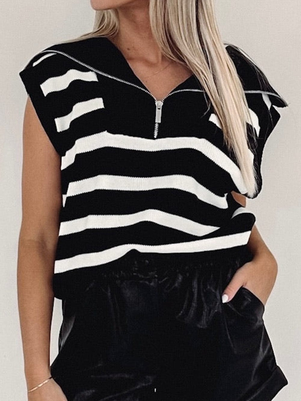 Zipped Collar Black Striped Knit Tank Top