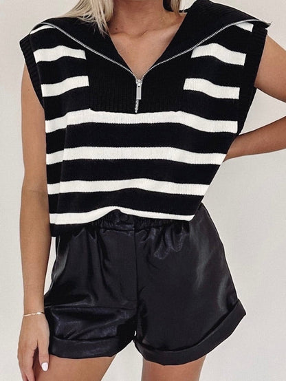 Zipped Collar Black Striped Knit Tank Top