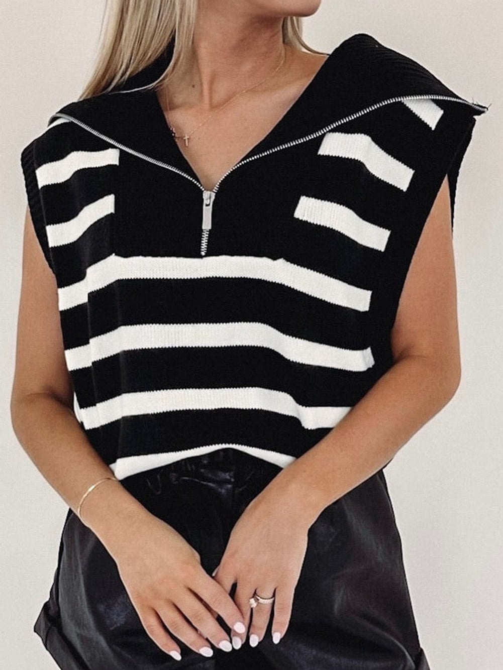 Zipped Collar Black Striped Knit Tank Top