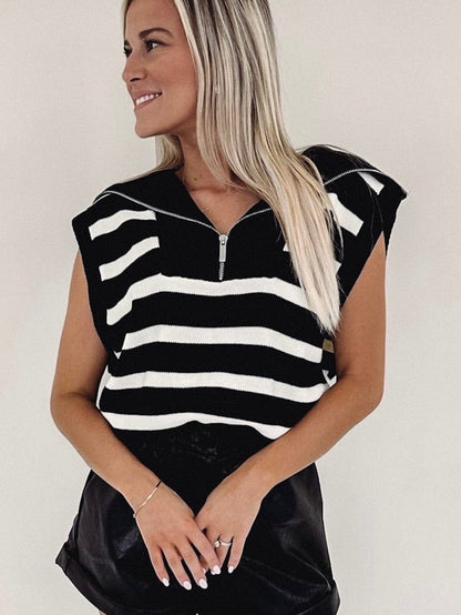 Zipped Collar Black Striped Knit Tank Top