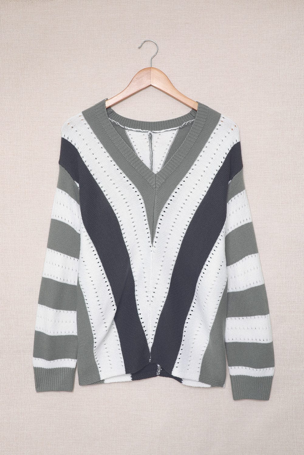 Zipper V-Neck Striped Printed Long Sleeve T-Shirt