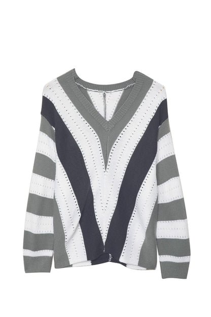 Zipper V-Neck Striped Printed Long Sleeve T-Shirt