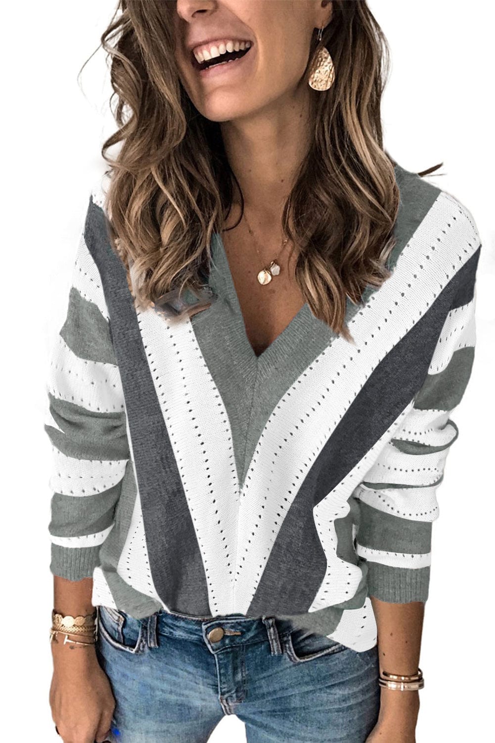 Zipper V-Neck Striped Printed Long Sleeve T-Shirt