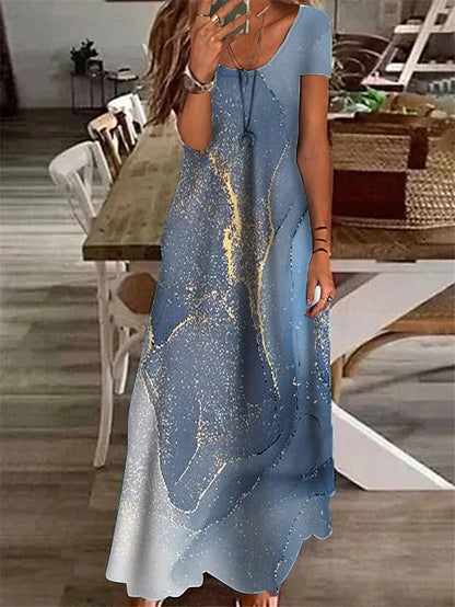 Women's Casual Dress Shift Dress Marble Print V Neck Maxi long Dress Elegant Daily Short Sleeve Summer Spring
