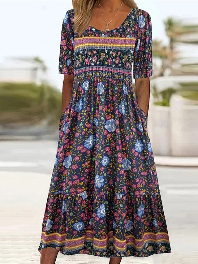 Women's Casual Dress Summer Dress Boho Dress Floral Ruched Pocket Crew Neck Midi Dress Fashion Modern Outdoor Daily Short Sleeve Regular Fit Pink Dark Blue Light Blue Summer Spring S M L XL XXL - LuckyFash™