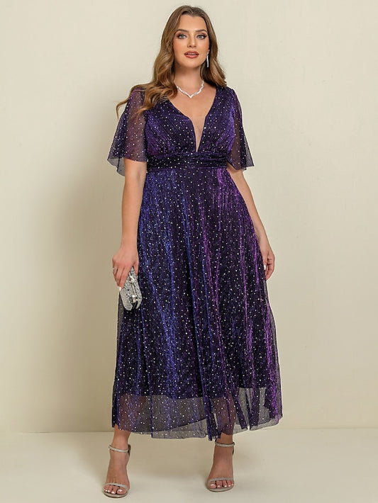 Women‘s Plus Size Curve Party Dress A Line Dress Tunic Dress Plain Long Dress Maxi Dress Short Sleeve Basic V Neck Elegant Wedding Purple Summer Spring Wedding Guest Dress