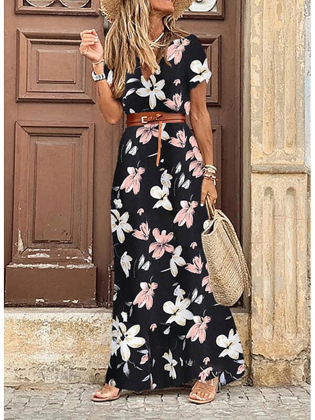 Women's Swing Dress Maxi long Dress Boho Dress Black Red Brown Short Sleeve Print Split Ruffle Button Spring Summer V Neck Vintage 2023 S M L XL XXL 3XL