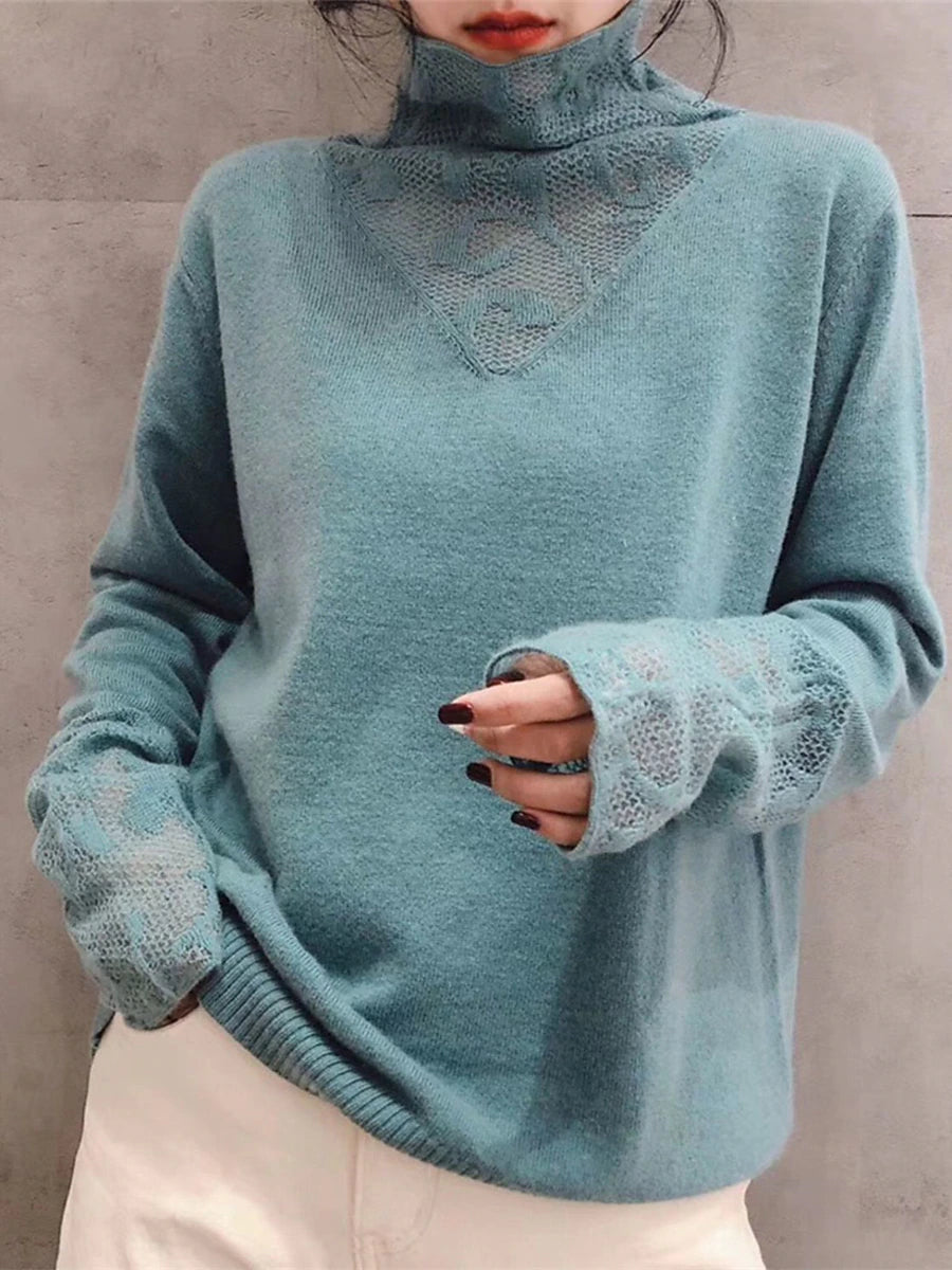 Women's Pullover Sweater Jumper Turtleneck Ribbed Knit Wool Patchwork Lace Trims Fall Winter Regular Outdoor Daily Going out Stylish Casual Soft Long Sleeve Solid Color Black White Blue S M L