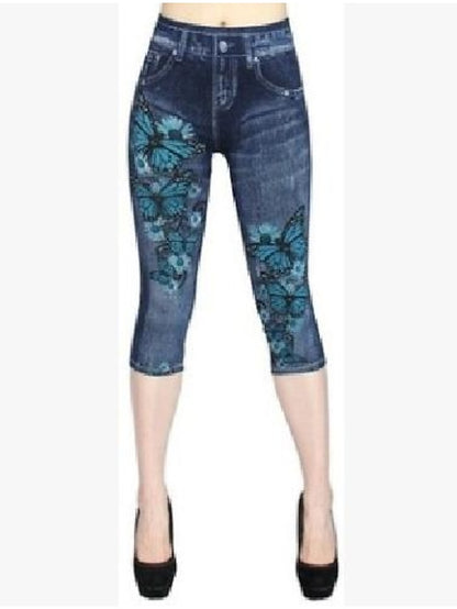 Women's Skinny Leggings Jeans Bell Bottom Denim Faux Denim Blue Dark Blue Light Blue Mid Waist Tights Casual / Sporty Athleisure Casual Weekend Print Stretchy Calf-Length Tummy Control Butterfly S M - LuckyFash™