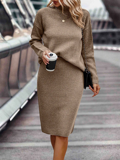 Women's Two Piece Dress Set Casual Dress Skirt Set Outdoor Daily Fashion Streetwear Ribbed Midi Dress Stand Collar Long Sleeve Plain Loose Fit Khaki Gray Fall Winter S M L XL XXL