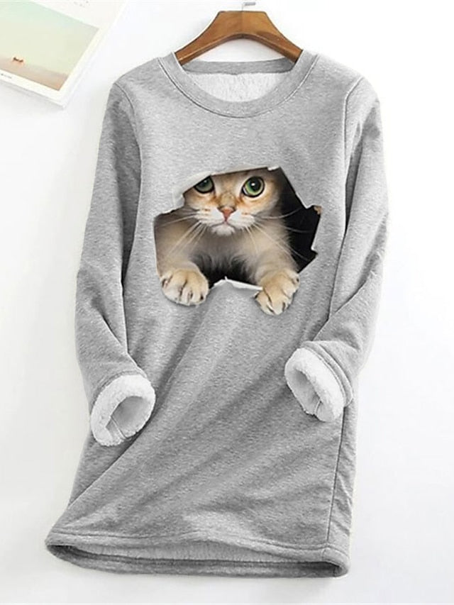 Women's Sweatshirt Pullover Sherpa Fleece Teddy Denim Blue Black White Cat Street Round Neck Plus Size Long Sleeve - LuckyFash™