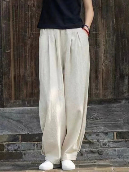 Women's Wide Leg Linen Cotton Blend Plain Black Dark Navy Vintage High Waist Full Length Street Daily Fall Winter