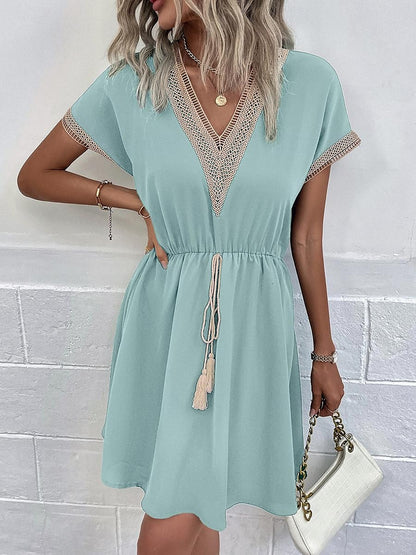 Women's White Dress Casual Dress A Line Dress Mini Dress Patchwork Drawstring Vacation Streetwear Casual V Neck Short Sleeve White Blue Dark Green Color