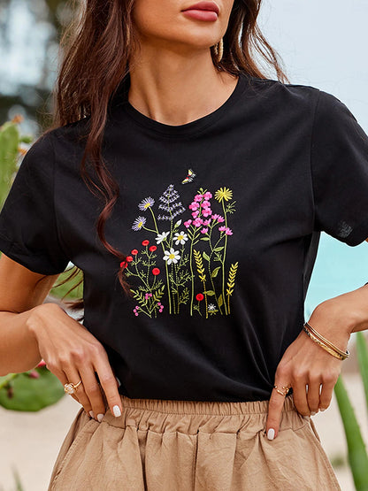 Women's Summer Tops Blouse Embroidered Black Short Sleeve Crew Neck Summer Spring