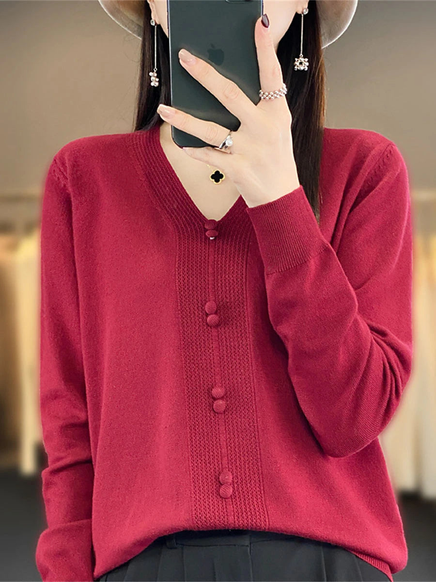 Women's Pullover Sweater Jumper V Neck Ribbed Knit Cotton Button Fall Winter Short Daily Going out Weekend Stylish Casual Soft Long Sleeve Solid Color Golden camel GH purple GH camel S M L