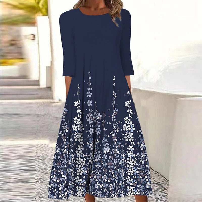 Women's Casual Dress Shift Dress Midi Dress Navy Blue 3/4 Length Sleeve Floral Print Summer Spring Crew Neck Basic Vacation Fall Dress Summer Dress 2023 S M L XL XXL 3XL 4XL 5XL